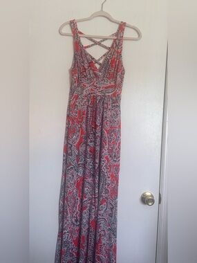Loveappella Red Paisley Maxi Dress with Crisscross Back Straps